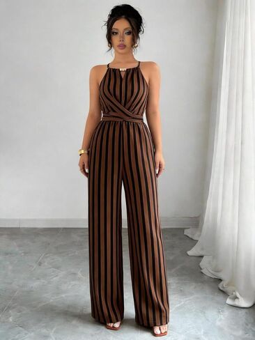 Women's Striped Halter Jumpsuit, High Waist Wide Leg Romper for Party & Casual Wear in Kuwait