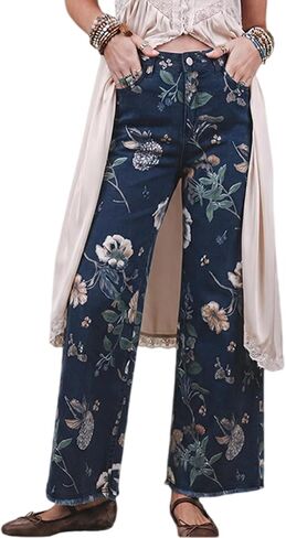 yoeasy Women's Wide Leg Jeans High Waisted Vintage Floral Printed Raw Hem Trendy Stretchy Baggy Casual Denim Pants in Kuwait