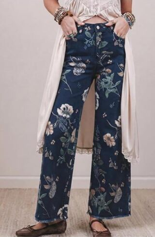 yoeasy Women's Wide Leg Jeans High Waisted Vintage Floral Printed Raw Hem Trendy Stretchy Baggy Casual Denim Pants in Kuwait