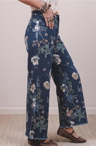 yoeasy Women's Wide Leg Jeans High Waisted Vintage Floral Printed Raw Hem Trendy Stretchy Baggy Casual Denim Pants in Kuwait