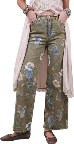 yoeasy Women's Wide Leg Jeans High Waisted Vintage Floral Printed Raw Hem Trendy Stretchy Baggy Casual Denim Pants in Kuwait