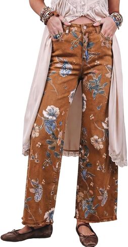 yoeasy Women's Wide Leg Jeans High Waisted Vintage Floral Printed Raw Hem Trendy Stretchy Baggy Casual Denim Pants in Kuwait