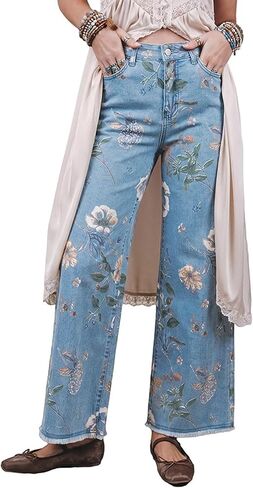 yoeasy Women's Wide Leg Jeans High Waisted Vintage Floral Printed Raw Hem Trendy Stretchy Baggy Casual Denim Pants in Kuwait