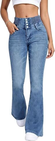 Women's High Waisted Flare Jeans Stretch Vintage Wide Leg Bell Bottom Denim Pants - 4-Button Tummy Control in Saudi Arabia