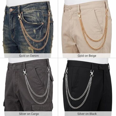 Molain 2 Pcs Pants Pocket Chain, Layered Metal Pants Chain for Men Women Hip Hop Jean Decorative Chains with Lobster Clasps Streetwear Hip Hop Punk Accessories for Wallet Keys Gold Silver in Kuwait