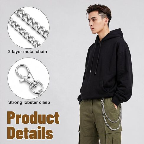 Molain 2 Pcs Pants Pocket Chain, Layered Metal Pants Chain for Men Women Hip Hop Jean Decorative Chains with Lobster Clasps Streetwear Hip Hop Punk Accessories for Wallet Keys Gold Silver in Kuwait