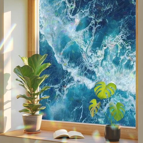 Window Privacy Film, Blue Waves Stained Glass Window Film Static Clings, Modern Summer Ocean Coastal Nautical Sun Blocking Decorative Windows Covering Tint for Glass Door, 23.6" x 59" in Saudi Arabia