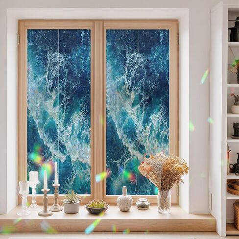 Window Privacy Film, Blue Waves Stained Glass Window Film Static Clings, Modern Summer Ocean Coastal Nautical Sun Blocking Decorative Windows Covering Tint for Glass Door, 23.6" x 59" in Saudi Arabia