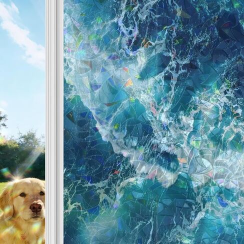 Window Privacy Film, Blue Waves Stained Glass Window Film Static Clings, Modern Summer Ocean Coastal Nautical Sun Blocking Decorative Windows Covering Tint for Glass Door, 23.6" x 59" in Saudi Arabia