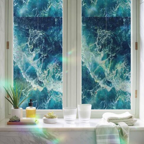 Window Privacy Film, Blue Waves Stained Glass Window Film Static Clings, Modern Summer Ocean Coastal Nautical Sun Blocking Decorative Windows Covering Tint for Glass Door, 23.6" x 59" in Saudi Arabia