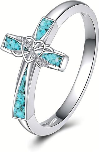 Turquoise Cross Ring 925 Sterling Silver Infinity Heart Cross Ring Religious Jewelry Present for Women Mom in Saudi Arabia