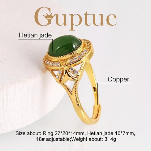 Green Hetian Jade Adjustable Ring for Women - Gold Plated Copper Vintage Filigree Gemstone Ring, Natural Biyu Jade Jewelry in Saudi Arabia