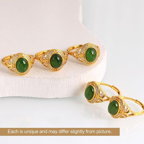 Green Hetian Jade Adjustable Ring for Women - Gold Plated Copper Vintage Filigree Gemstone Ring, Natural Biyu Jade Jewelry in Saudi Arabia