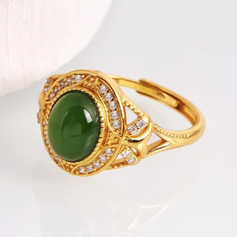 Green Hetian Jade Adjustable Ring for Women - Gold Plated Copper Vintage Filigree Gemstone Ring, Natural Biyu Jade Jewelry in Saudi Arabia