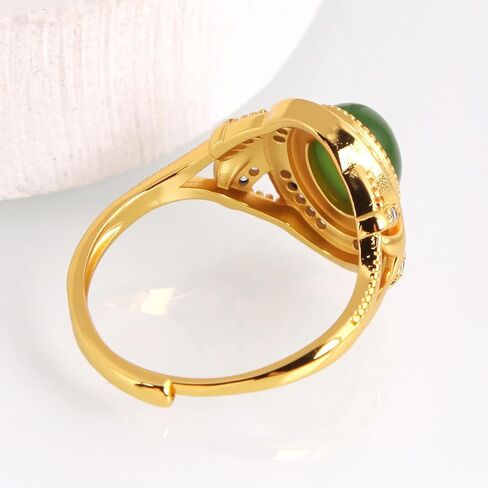 Green Hetian Jade Adjustable Ring for Women - Gold Plated Copper Vintage Filigree Gemstone Ring, Natural Biyu Jade Jewelry in Saudi Arabia