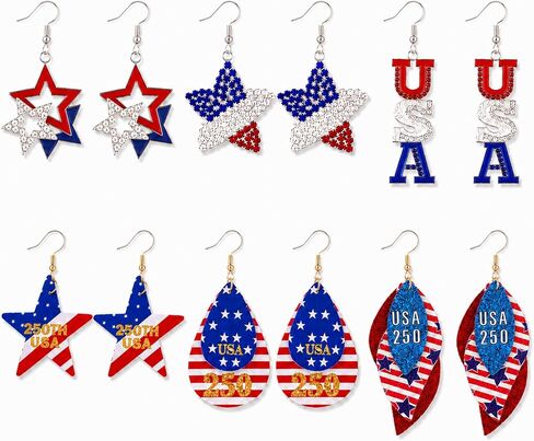 6 Pair 250th Anniversary USA Earrings Bulk 4th of July Dangle Earring Patriotic Jewelry Accessories for Women in Kuwait