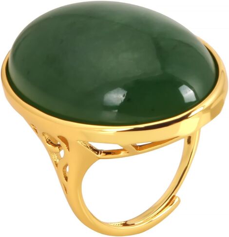 Green Hetian Jade Adjustable Ring for Women - Gold Plated Copper Vintage Filigree Gemstone Ring, Natural Biyu Jade Jewelry in Saudi Arabia