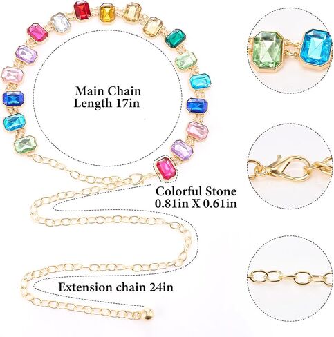 Gold Square Rhinestone Chain Belt for Women Colorful Rainbow Fashion Decorative Waist Belt Adjustable Dress Belt for Jeans Dresses Festival Party Daily Outfit in Saudi Arabia