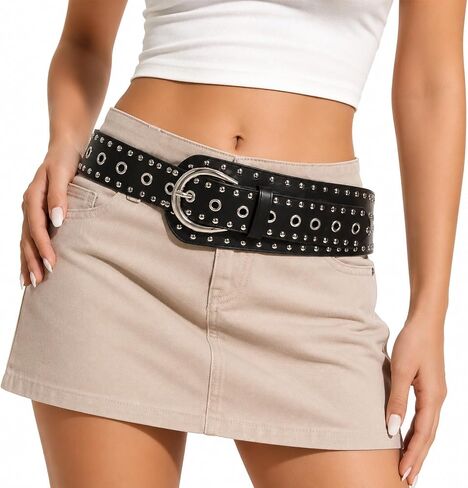 TUYUU Y2K Studded Belt for Women, Chunky Black PU Leather Adjustable Waist Belt with Silver Rivets, Punk Goth Western Cowgirl Belt for Jeans Dresses Concert Festival Outfits in Kuwait