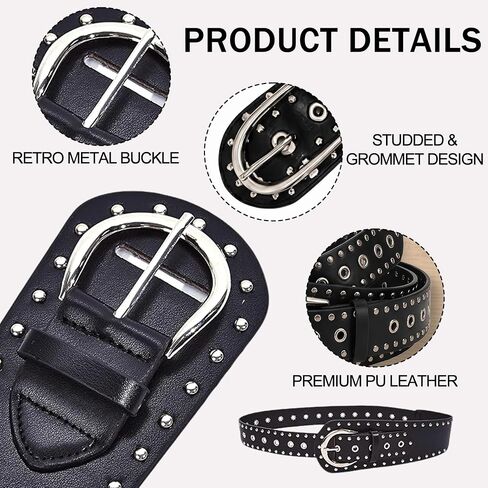 TUYUU Y2K Studded Belt for Women, Chunky Black PU Leather Adjustable Waist Belt with Silver Rivets, Punk Goth Western Cowgirl Belt for Jeans Dresses Concert Festival Outfits in Kuwait