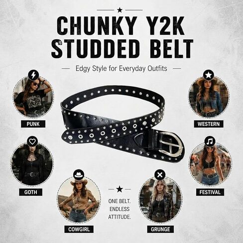 TUYUU Y2K Studded Belt for Women, Chunky Black PU Leather Adjustable Waist Belt with Silver Rivets, Punk Goth Western Cowgirl Belt for Jeans Dresses Concert Festival Outfits in Kuwait
