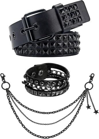 Studded Belt and Triple Layered Heavy Chain, Y2K Belt Emo Gothic Punk Accessory for Women Man for Alt Clothes Grunge in Saudi Arabia