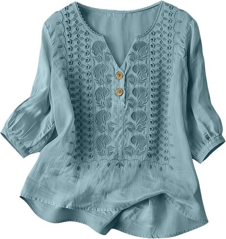 Tatumaie Boho Tops for Women Linen Cotton Embroidered Peasant Blouses Lightweight Breathable Shirts Loose Summer Clothing in Saudi Arabia