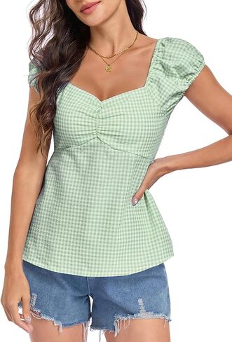 Women's Summer Plaid Gingham Top Puff Cap Sleeve Babydoll Tops Y2k Gingham Shirt in Saudi Arabia