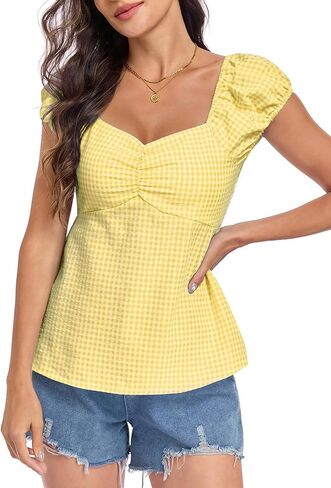 Women's Summer Plaid Gingham Top Puff Cap Sleeve Babydoll Tops Y2k Gingham Shirt in Saudi Arabia