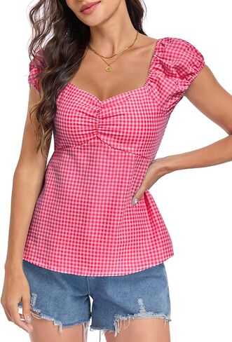 Women's Summer Plaid Gingham Top Puff Cap Sleeve Babydoll Tops Y2k Gingham Shirt in Saudi Arabia