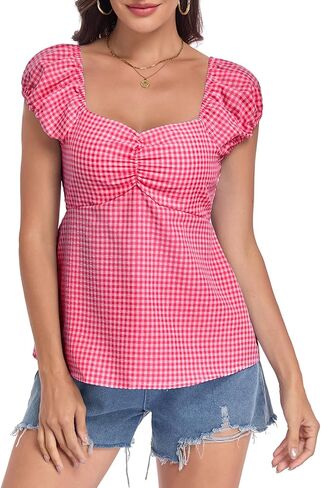 Women's Summer Plaid Gingham Top Puff Cap Sleeve Babydoll Tops Y2k Gingham Shirt in Saudi Arabia
