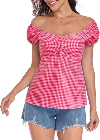 Women's Summer Plaid Gingham Top Puff Cap Sleeve Babydoll Tops Y2k Gingham Shirt in Saudi Arabia