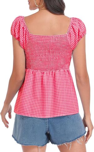 Women's Summer Plaid Gingham Top Puff Cap Sleeve Babydoll Tops Y2k Gingham Shirt in Saudi Arabia