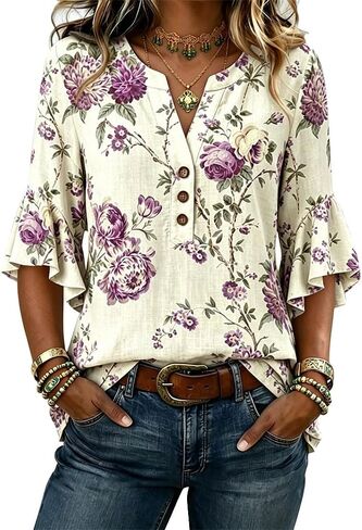 Women's Vintage Floral Print Top Notch Neck Ruffle Sleeve Cotton Casual Blouse in Saudi Arabia