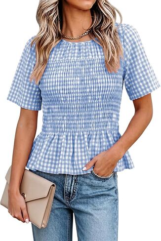 Watashi Women’s Gingham Smocked Peplum Blouse Casual Ruffle Hem Short Sleeve Crewneck Babydoll Tops for Office Vacation Wear in Saudi Arabia
