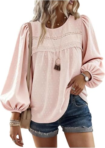 SHENHE Women's Lantern Long Sleeve Peasant Blouse Lace Embroidered Swiss Dots Dressy Casual Top in Kuwait