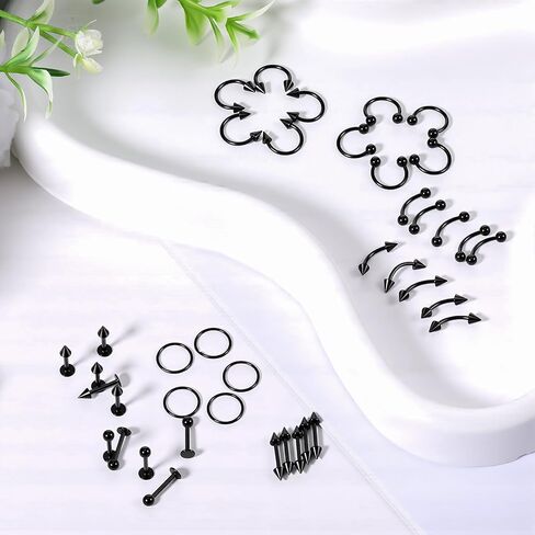 Skrfren 40 قطعة مجوهرات ثقب سوداء الشفاه حدوة حصان Labret ثعبان لدغة ثقب المجوهرات الحاجب الجسم مجوهرات 16G الحلزون القرط Daith Tragus الغضروف ترصيع للنساء الرجال in Kuwait