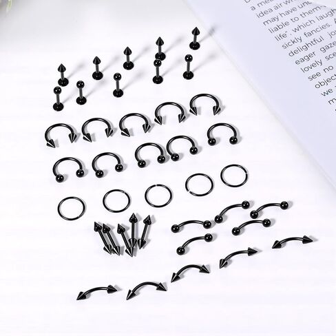 Skrfren 40 قطعة مجوهرات ثقب سوداء الشفاه حدوة حصان Labret ثعبان لدغة ثقب المجوهرات الحاجب الجسم مجوهرات 16G الحلزون القرط Daith Tragus الغضروف ترصيع للنساء الرجال in Kuwait