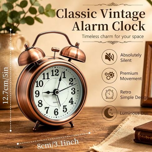 Loud Alarm Clock for Heavy Sleeper, Twin Bell Retro 3'' Silent Non-Ticking Mini Travel Quartz with Backlight, Luminous Dial, Battery Operated Mental Alarm Clock for Home Decoration Bedroom Bedside in Saudi Arabia