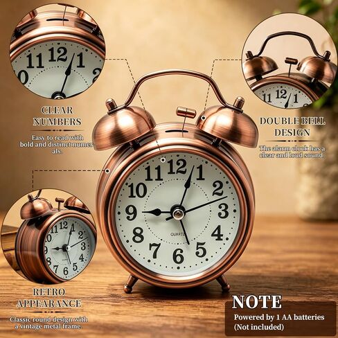 Loud Alarm Clock for Heavy Sleeper, Twin Bell Retro 3'' Silent Non-Ticking Mini Travel Quartz with Backlight, Luminous Dial, Battery Operated Mental Alarm Clock for Home Decoration Bedroom Bedside in Saudi Arabia