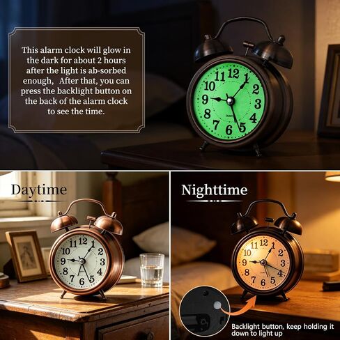 Loud Alarm Clock for Heavy Sleeper, Twin Bell Retro 3'' Silent Non-Ticking Mini Travel Quartz with Backlight, Luminous Dial, Battery Operated Mental Alarm Clock for Home Decoration Bedroom Bedside in Saudi Arabia
