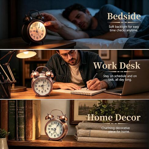 Loud Alarm Clock for Heavy Sleeper, Twin Bell Retro 3'' Silent Non-Ticking Mini Travel Quartz with Backlight, Luminous Dial, Battery Operated Mental Alarm Clock for Home Decoration Bedroom Bedside in Saudi Arabia