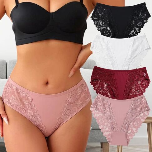 4 Pack Womens Semi-Sheer Cotton Underwear Mid Rise Briefs Sexy Floral Lace Panty Set in Kuwait