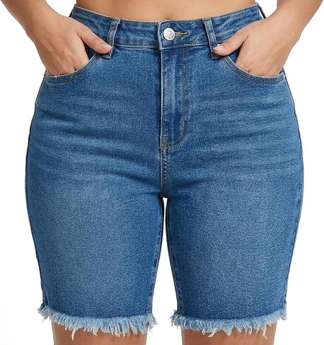Womens High Waisted Stretch Denim Shorts Slim Fit Jean Shorts Frayed Raw Hem Summer Casual Blue in Saudi Arabia