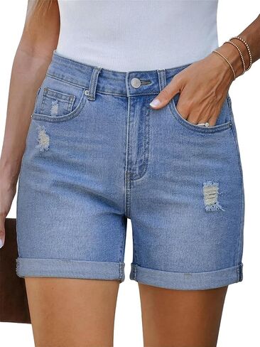 Bosmeer Women's Mid-High Waisted Ripped Denim Shorts Distressed Stretchy Jean Shorts Rolled Hem Casual Summer Jorts in Saudi Arabia
