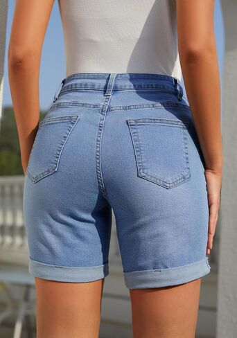 Bosmeer Women's Mid-High Waisted Ripped Denim Shorts Distressed Stretchy Jean Shorts Rolled Hem Casual Summer Jorts in Saudi Arabia