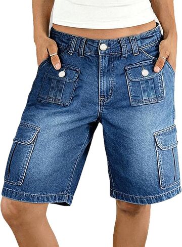 Flamingals Wide Leg Bermuda Shorts for Women Mid Rise Washed Flap Pocket High Stretch Casual Denim Shorts in Kuwait
