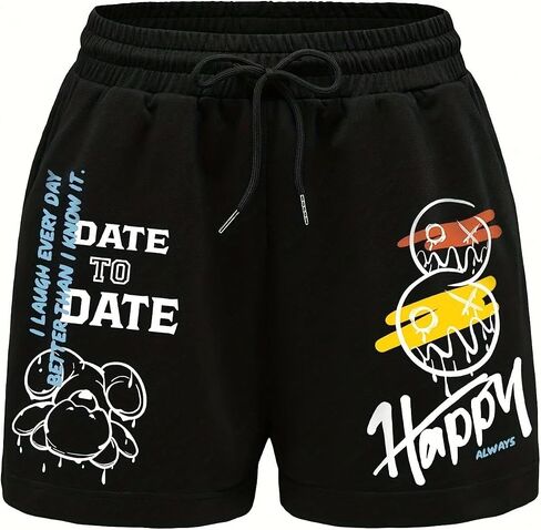 Women's Black Graphic Print Streetwear Shorts, Drawstring Elastic Waist Casual Sweat Shorts for Daily Wear in Kuwait