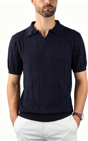 BAYAMO Men's Knit Polo Shirts Short Sleeve V Neck Buttonless Textured Pullover Casual Golf Shirts for Man in Saudi Arabia