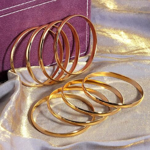 Linkidea Plus Size Bangle Bracelets Set for Women, Set of 8 Stainless Steel Extra Large Round Golden Bangles, 8 Inches (M) in Kuwait